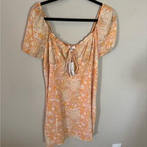 BP Floral Puff Sleeve Tie Front Orange Sun Dress L NWT